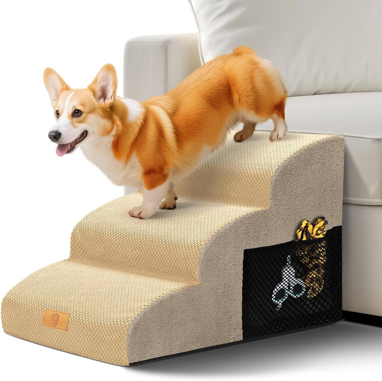 Beige 3 Step Dog Ramp Stairs 30D Foam Waterproof 60x40x40cm
