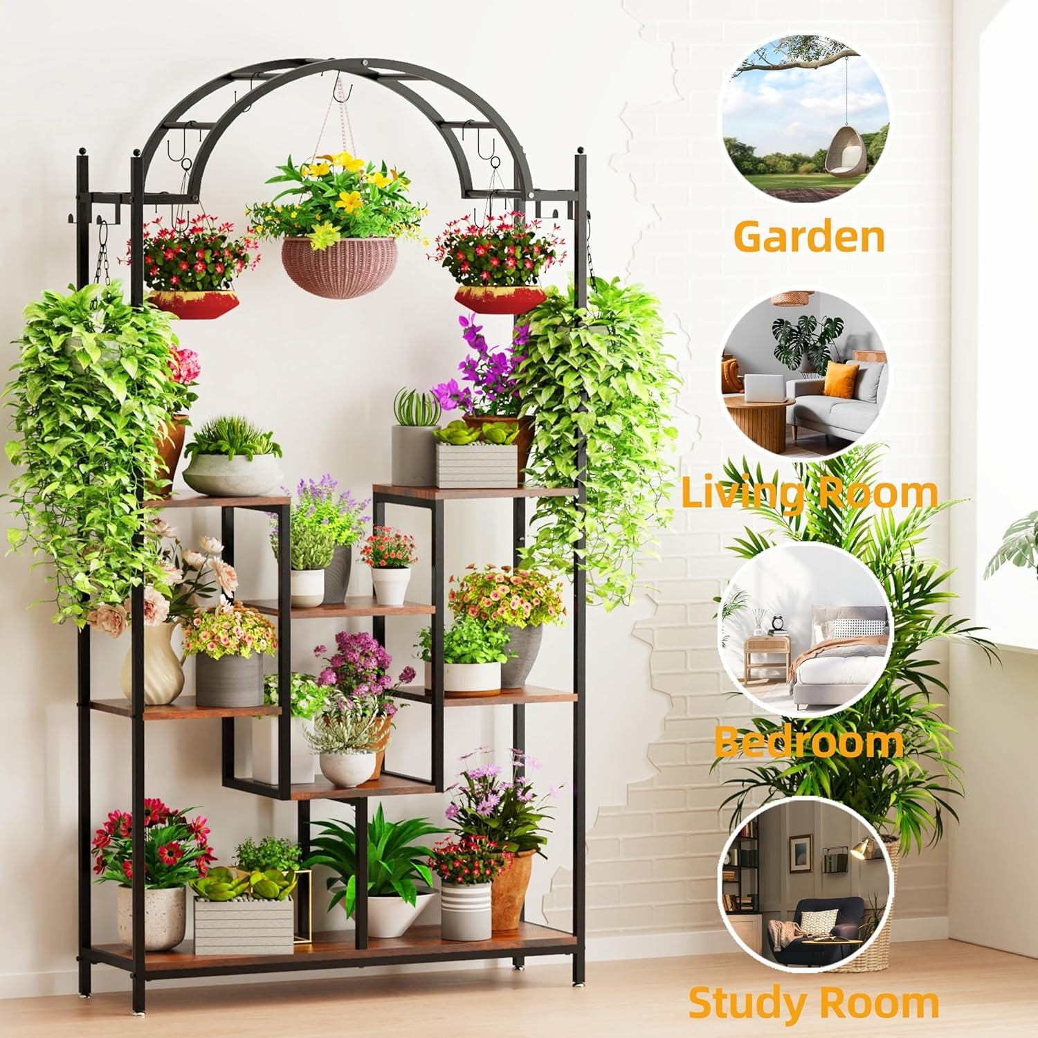 Arched 8 Tier Metal Plant Stand Indoor Outdoor with Hooks Flower Shelf Rack