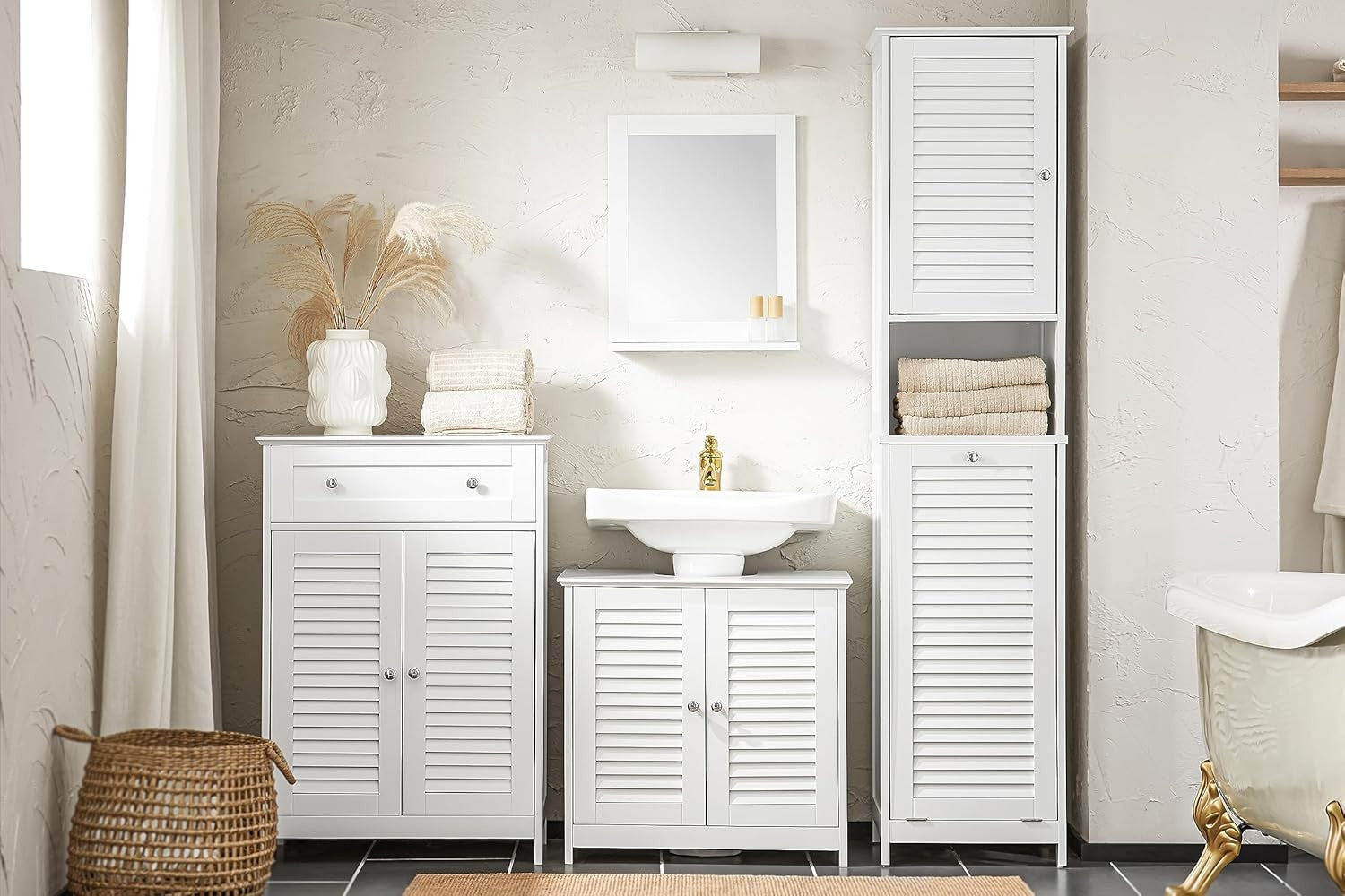 Tall Bathroom Storage Cabinet with Laundry Basket Slim Freestanding White Unit