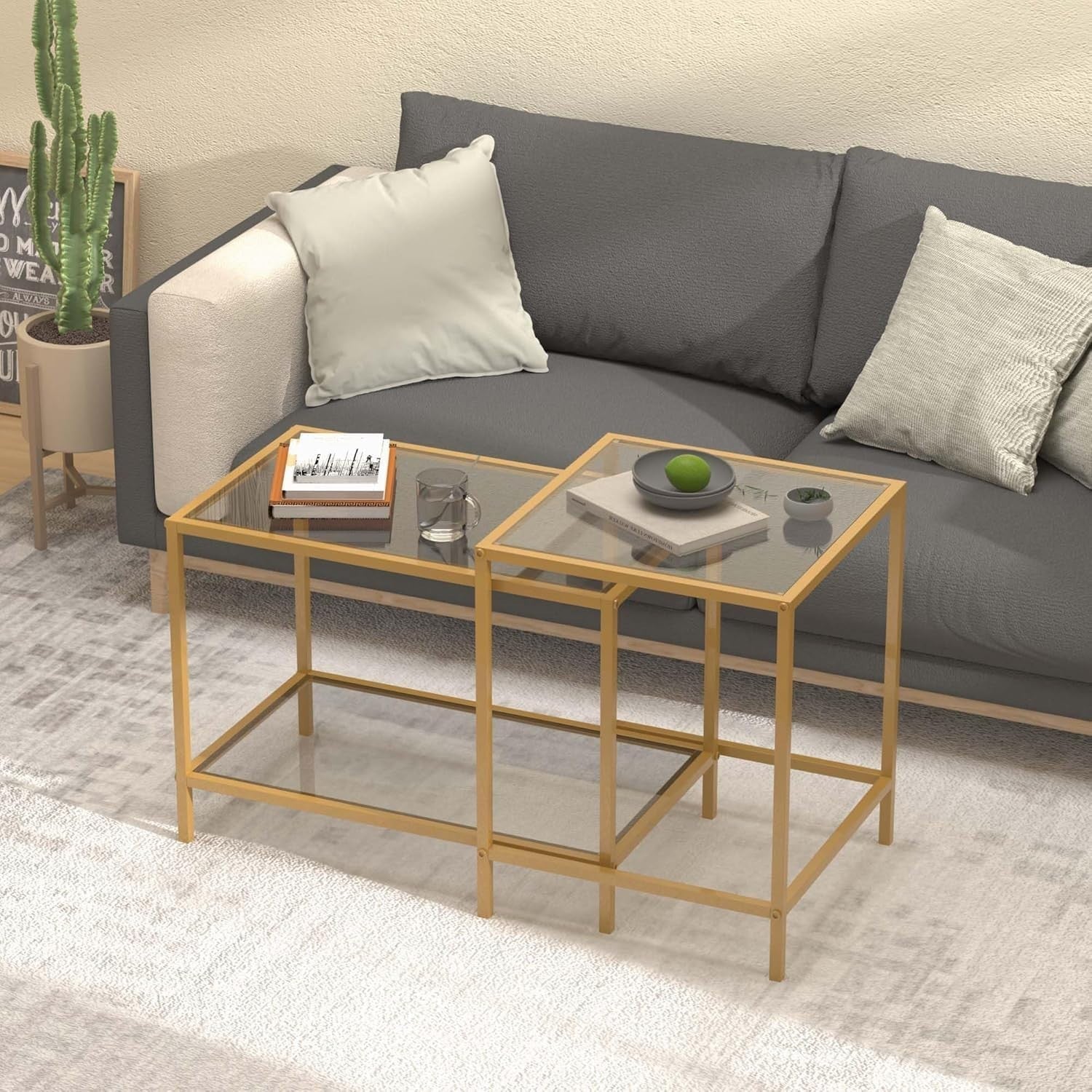 Glass Nesting Coffee Table Set 2 Side End Tables Modern Metal Frame Space Saving