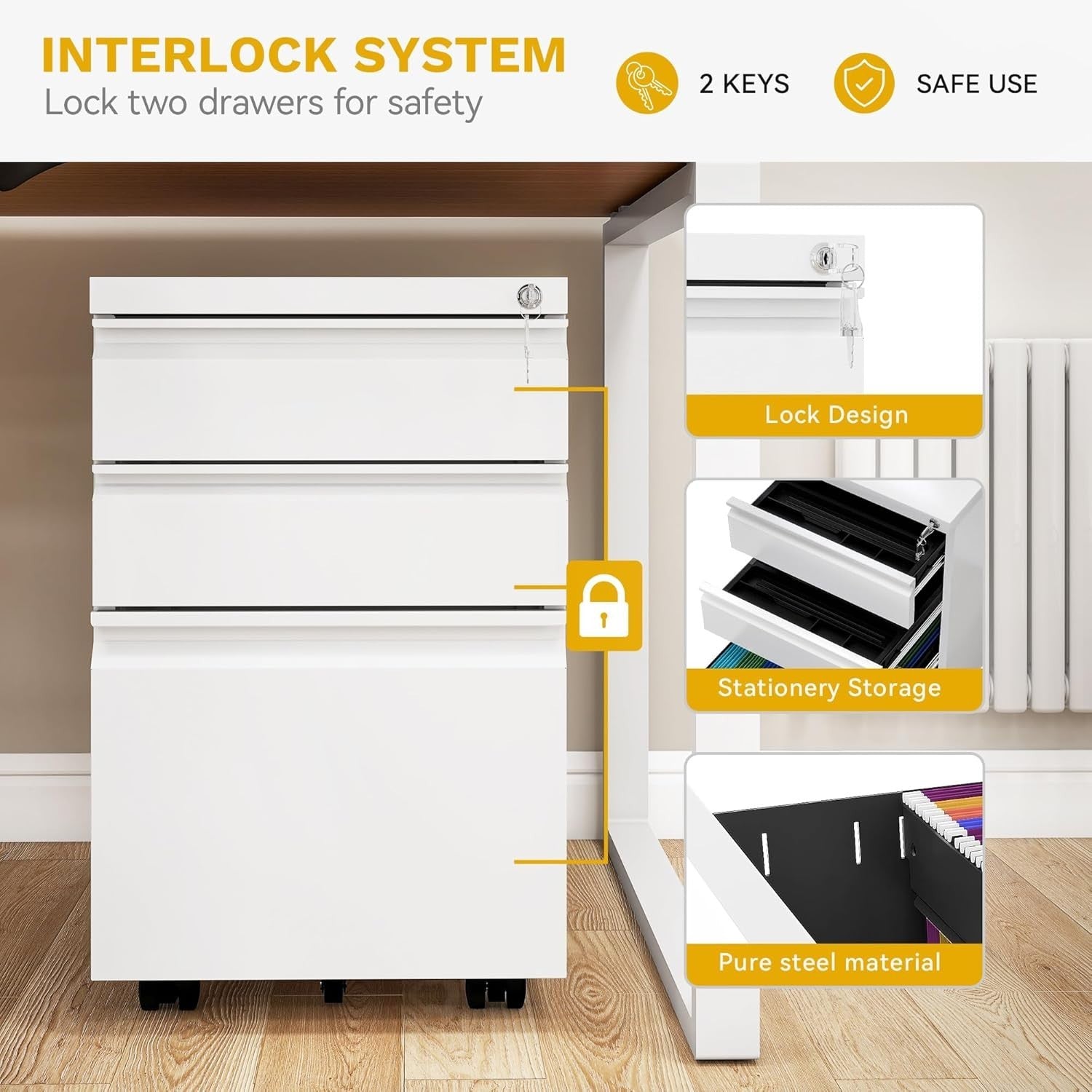 White Locking Metal File Cabinet 3 Drawer Rolling Under Desk Storage