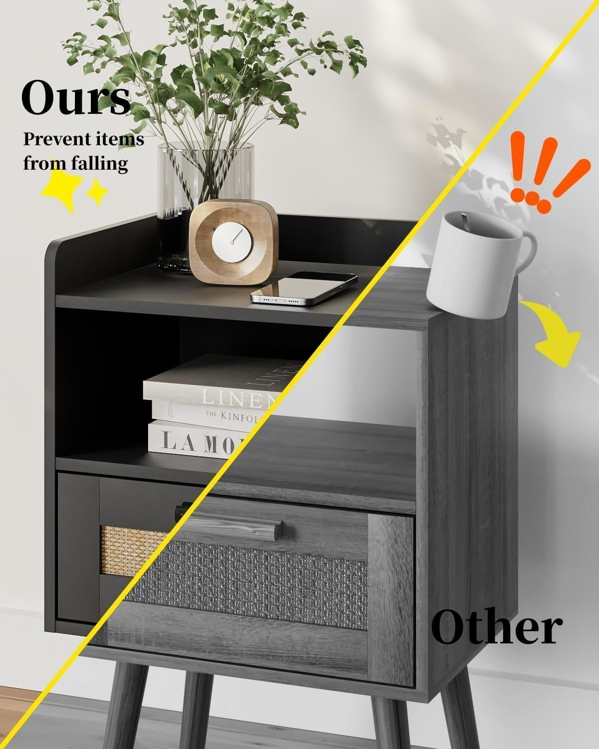 Rattan Bedside Table with Drawer – Modern Wood Nightstand for Bedroom