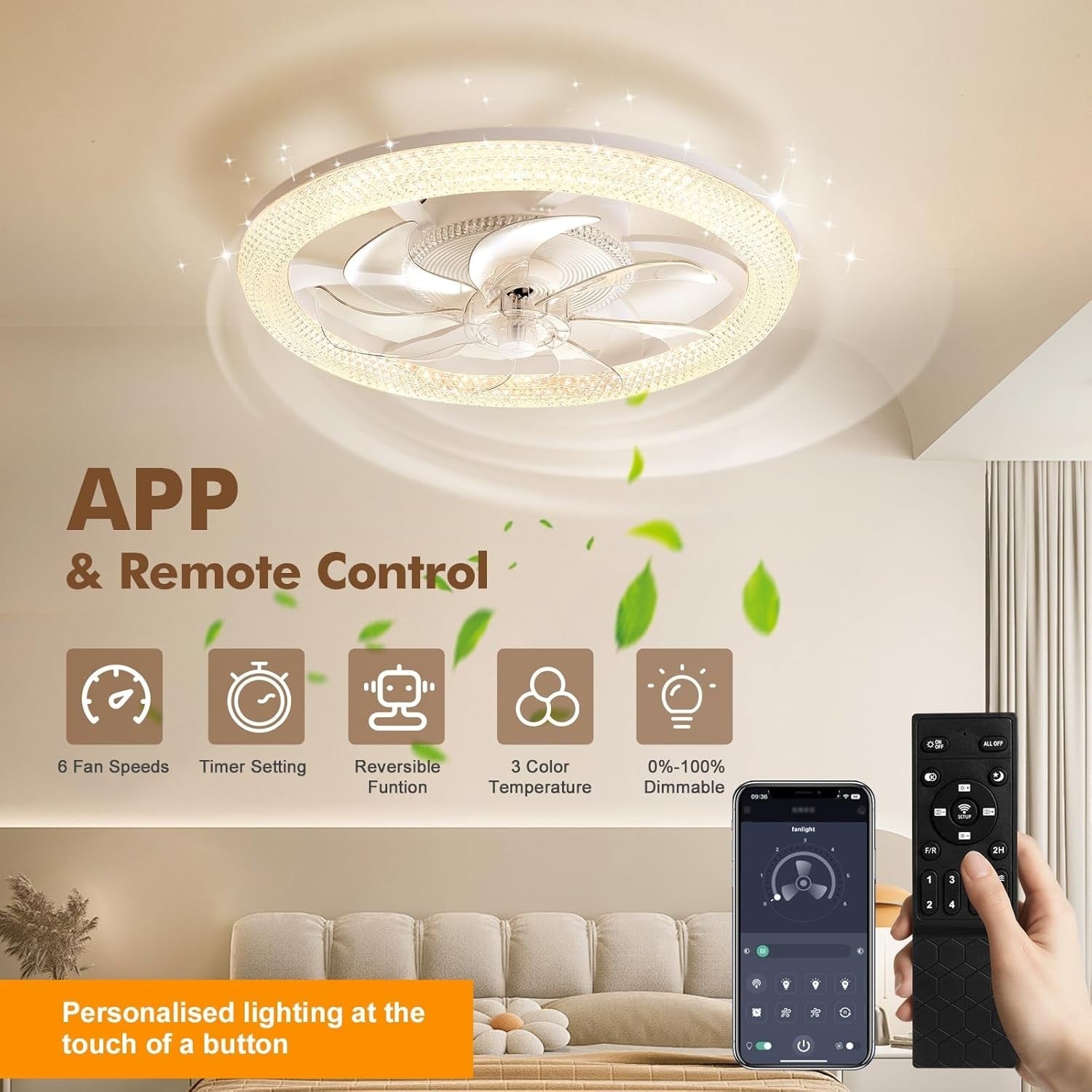 Modern 48CM Smart Ceiling Fan with LED Light, 6-Speed, Quiet, Dimmable