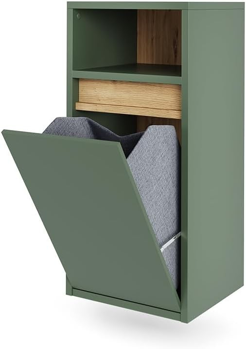 Bathroom Laundry Cabinet with Basket Slim Storage Unit Green Modern Cupboard