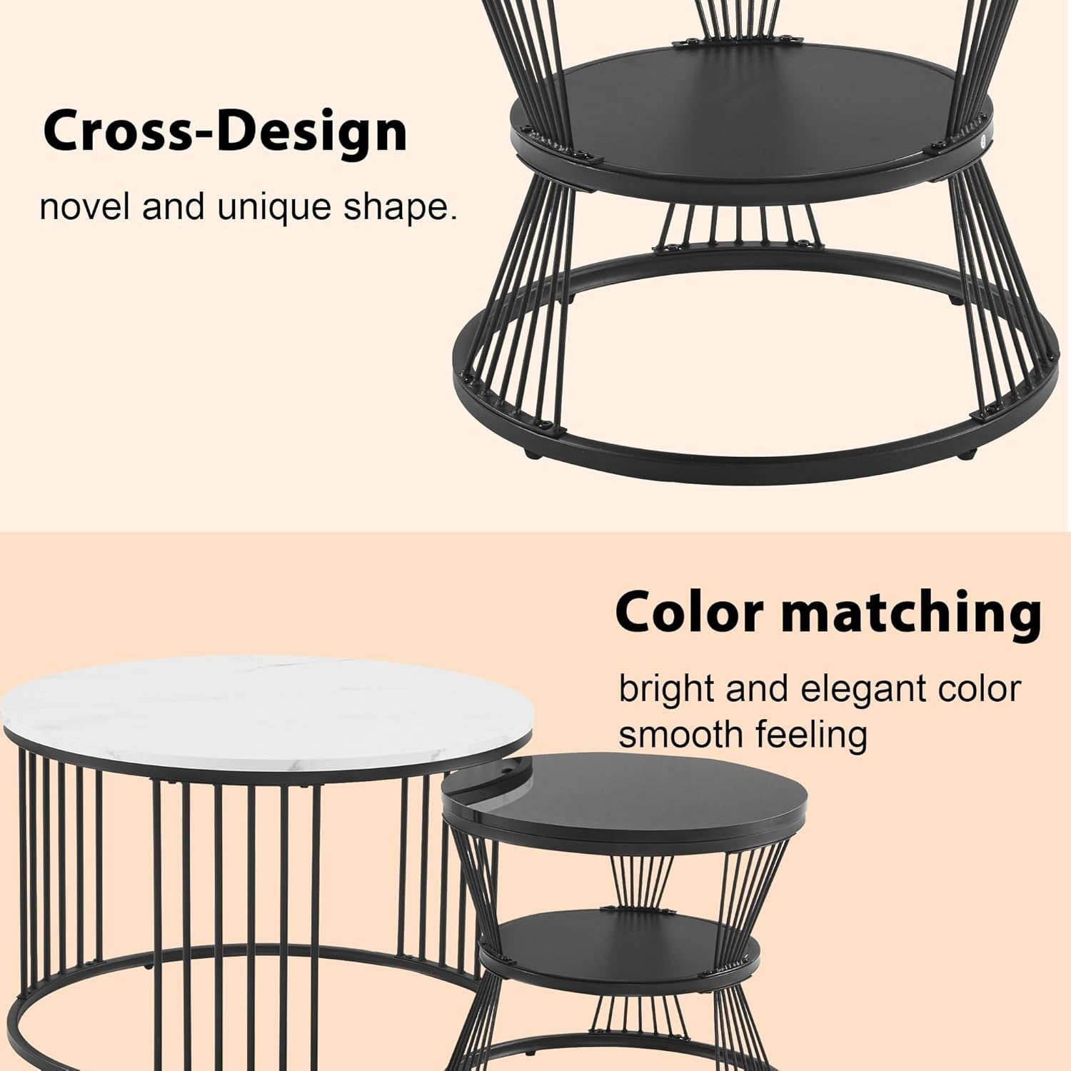 Nesting Coffee Tables Set of 2 Round Metal Frame Nightstand Black & White