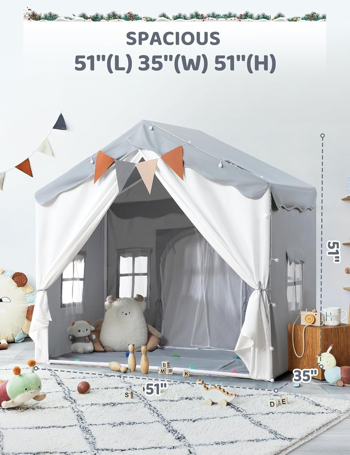 Grey Kids Play Tent Bed Canopy with Lights Padded Indoor Castle