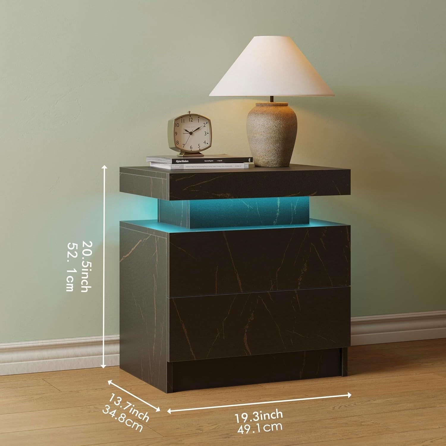 Modern Black Gold LED Bedside Table with Drawers – Luxury RGB Light Nightstand