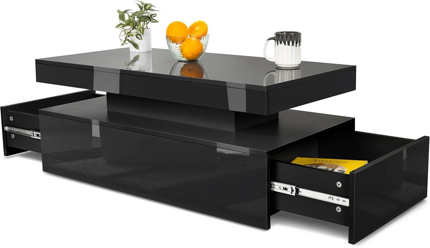 Black Gloss LED Coffee Table with Storage Drawers & Remote Lights | 94cm