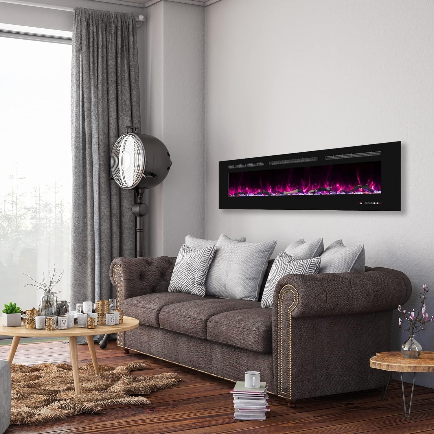 60” Wall Mounted Electric Fireplace Heater LED Flame, Remote & Timer