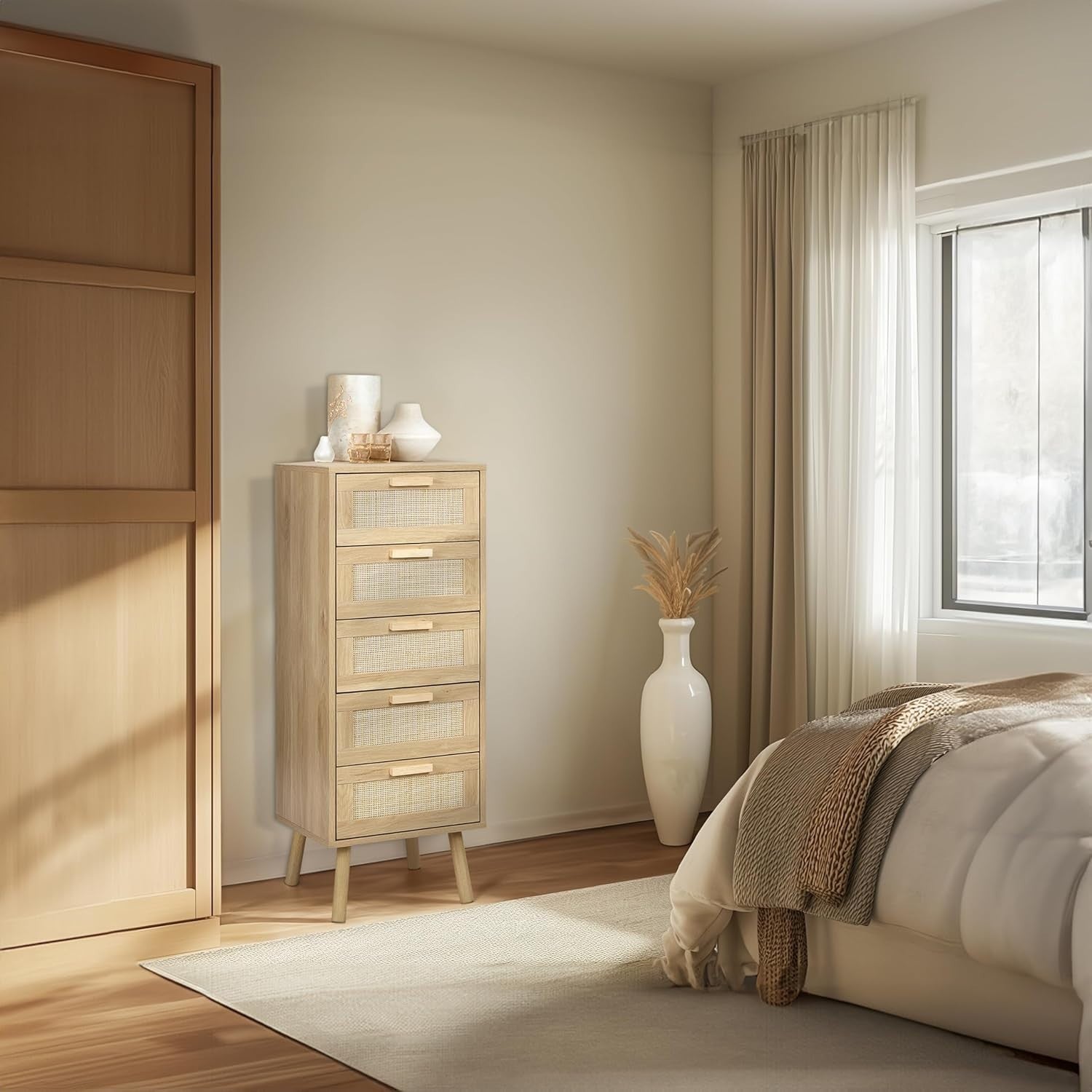 5 Drawer Rattan Chest Storage Unit Tall Bedroom Cabinet with Wood Legs