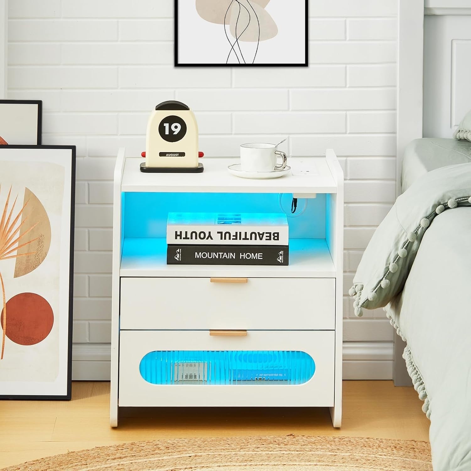 Set of 2 White LED Bedside Tables with USB Charging Ports, 2 Drawers & Shelf