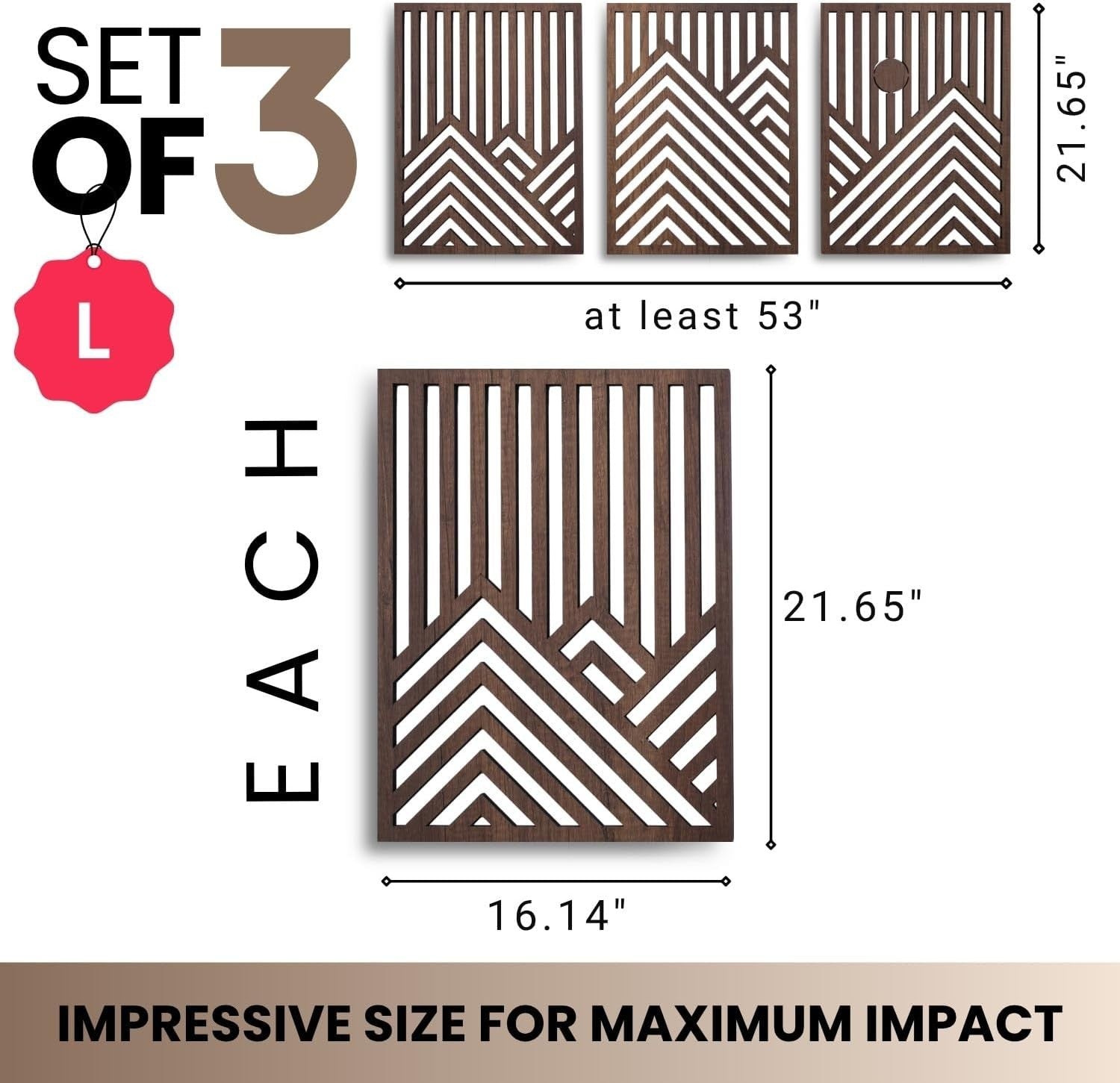 Modern Wooden Wall Art Set of 3 Large Mountain Sun Sculptures