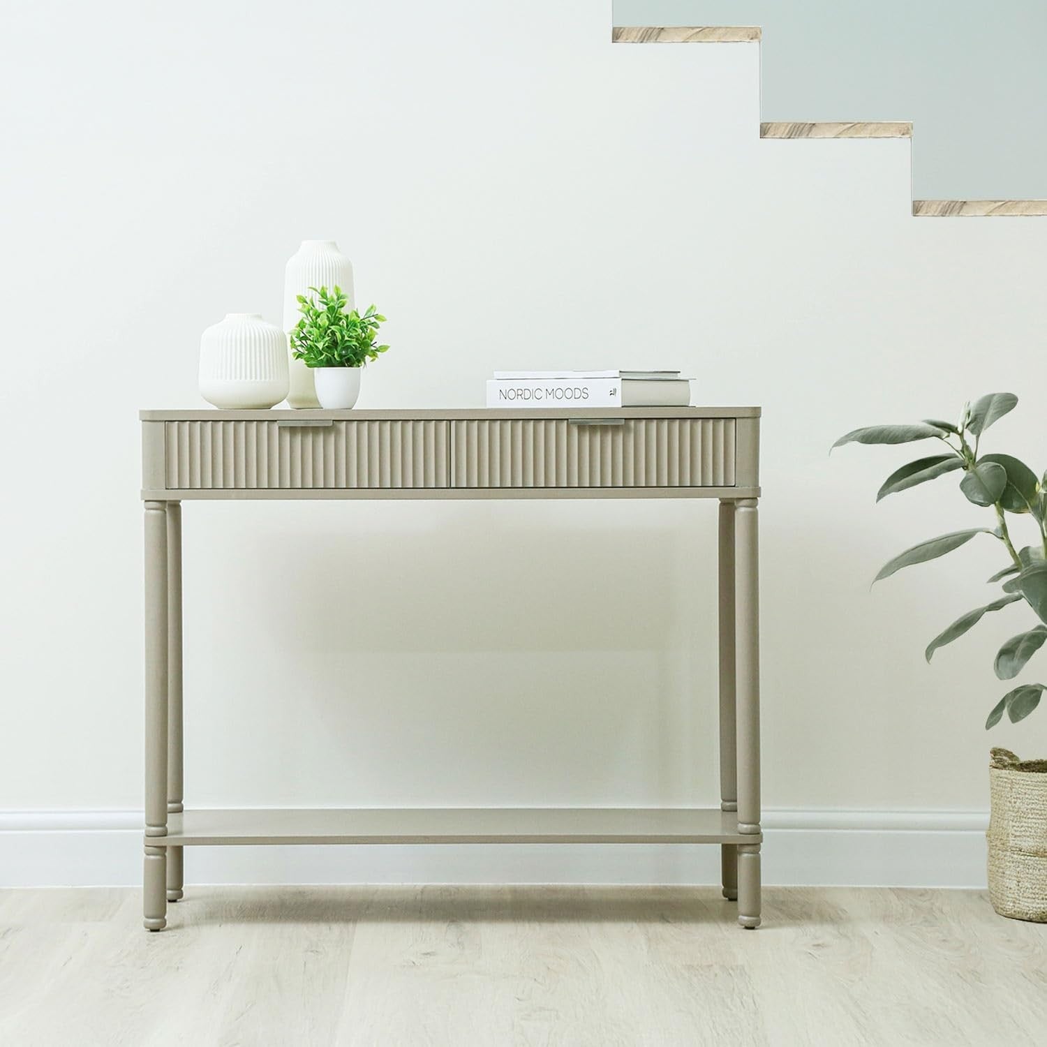 Slim Wooden Console Table with 2 Drawers & Storage Shelf, Taupe 90x75x32cm