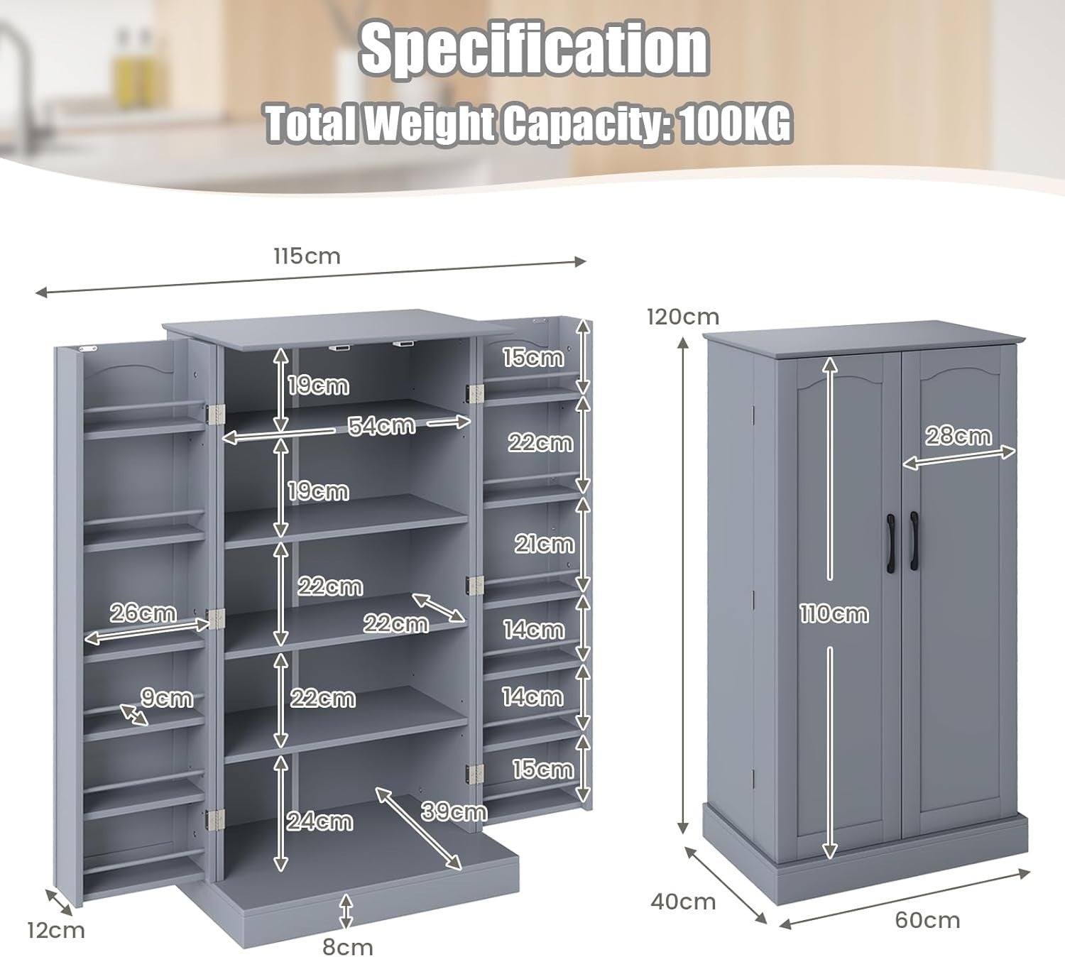 Grey 60x40x120cm Kitchen Cupboard Pantry Cabinet Adjustable Shelves