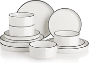 12pc Porcelain Dinnerware Set White Black Rim Plates Bowls Dishwasher