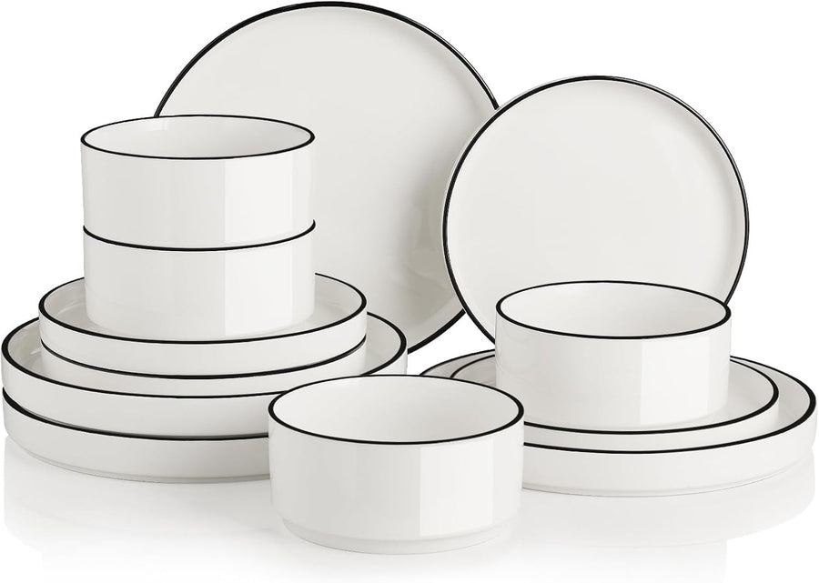 12pc Porcelain Dinnerware Set White Black Rim Plates Bowls Dishwasher