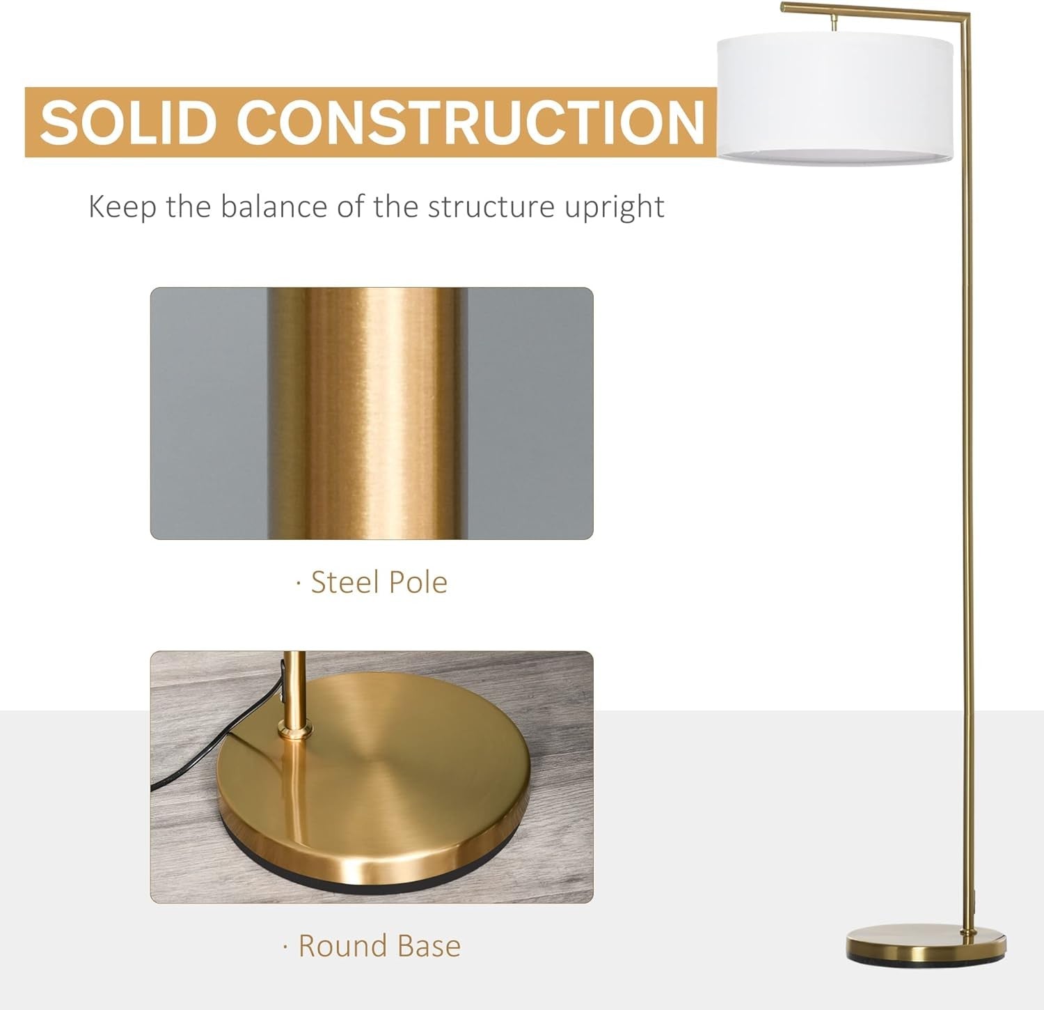 Modern Floor Lamp Linen Shade Gold Standing Light for Living Room Bedroom