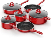 10Pcs Red Non Stick Cookware Set with Glass Lids, Induction Compatible