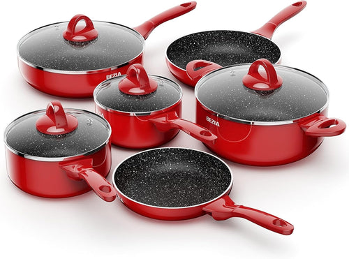 10Pcs Red Non Stick Cookware Set with Glass Lids, Induction Compatible