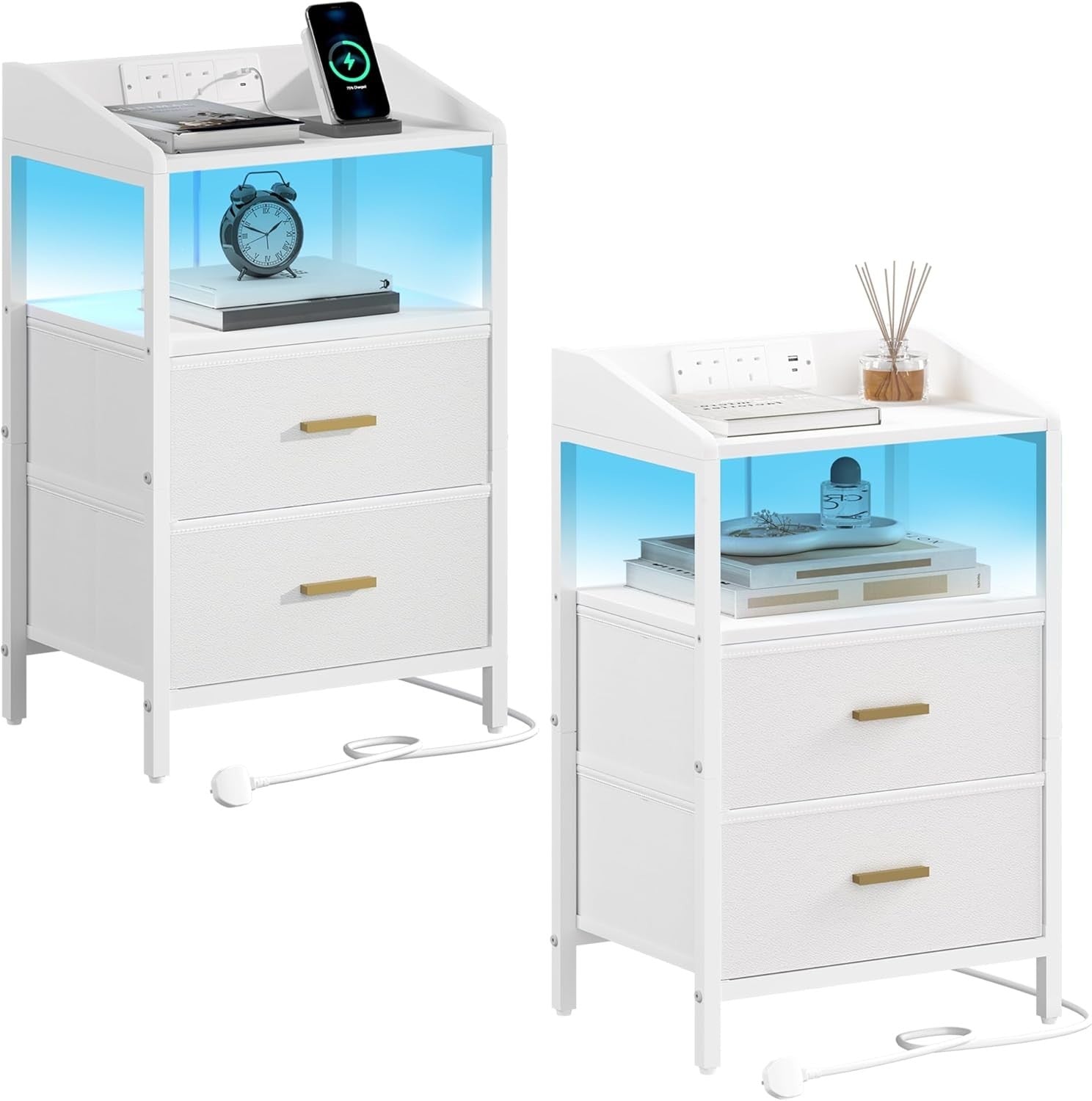White Bedside Table with USB Type-C Charging Ports & 2 Drawers
