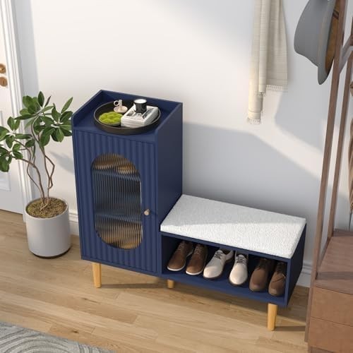 L-Shaped Shoe Storage Bench with Cushion Glass Doors 100×30×92 cm
