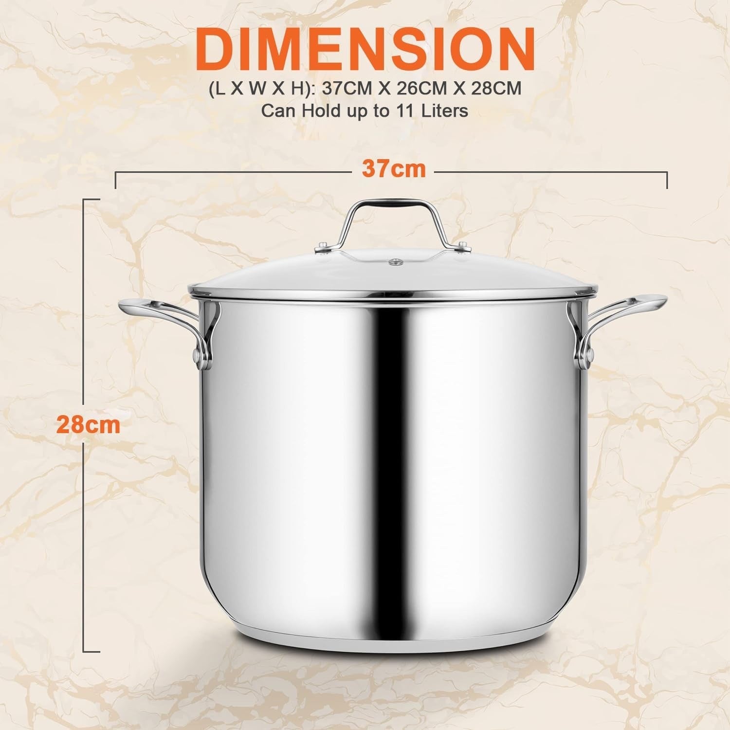 11.3L Stainless Steel Stock Pot with Glass Lid Induction Ready Heavy Duty Soup