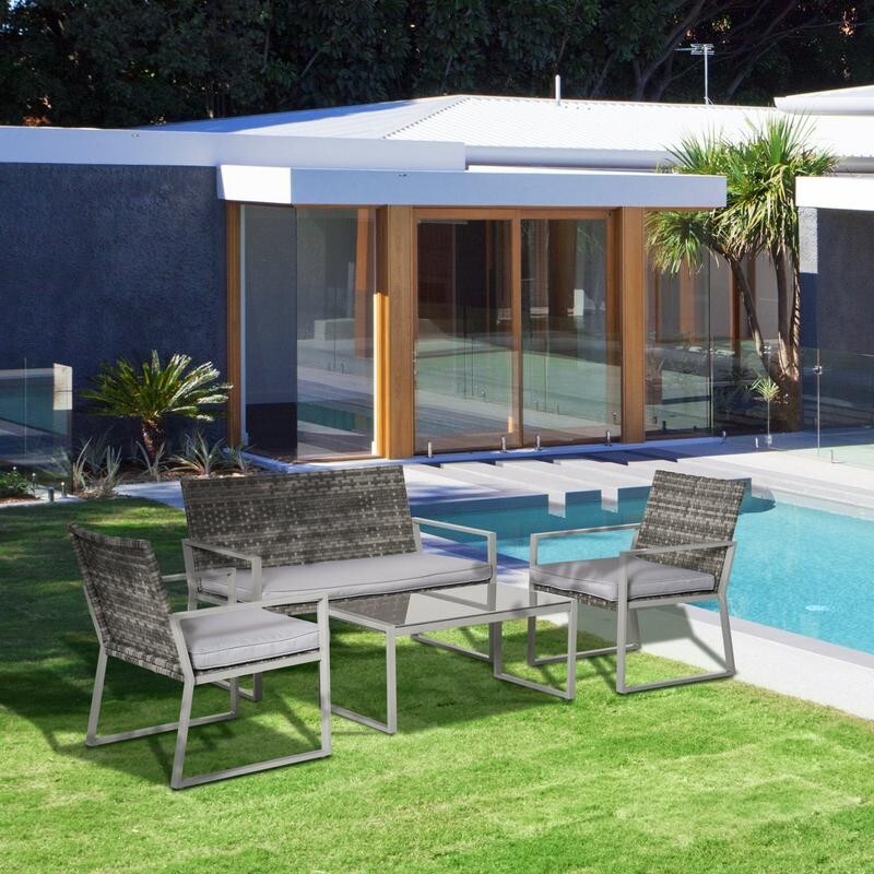 4 Seater Rattan Garden Furniture Set Sofa Chairs Coffee Table Grey Patio