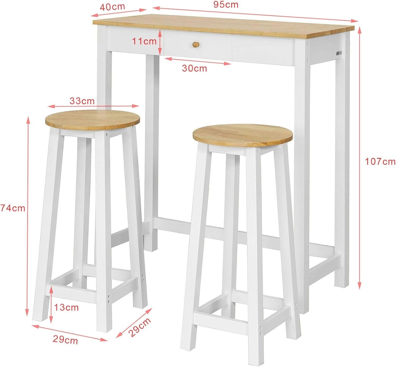3-Piece Breakfast Bar Table Set with 2 Stools White & Wood Modern Compact