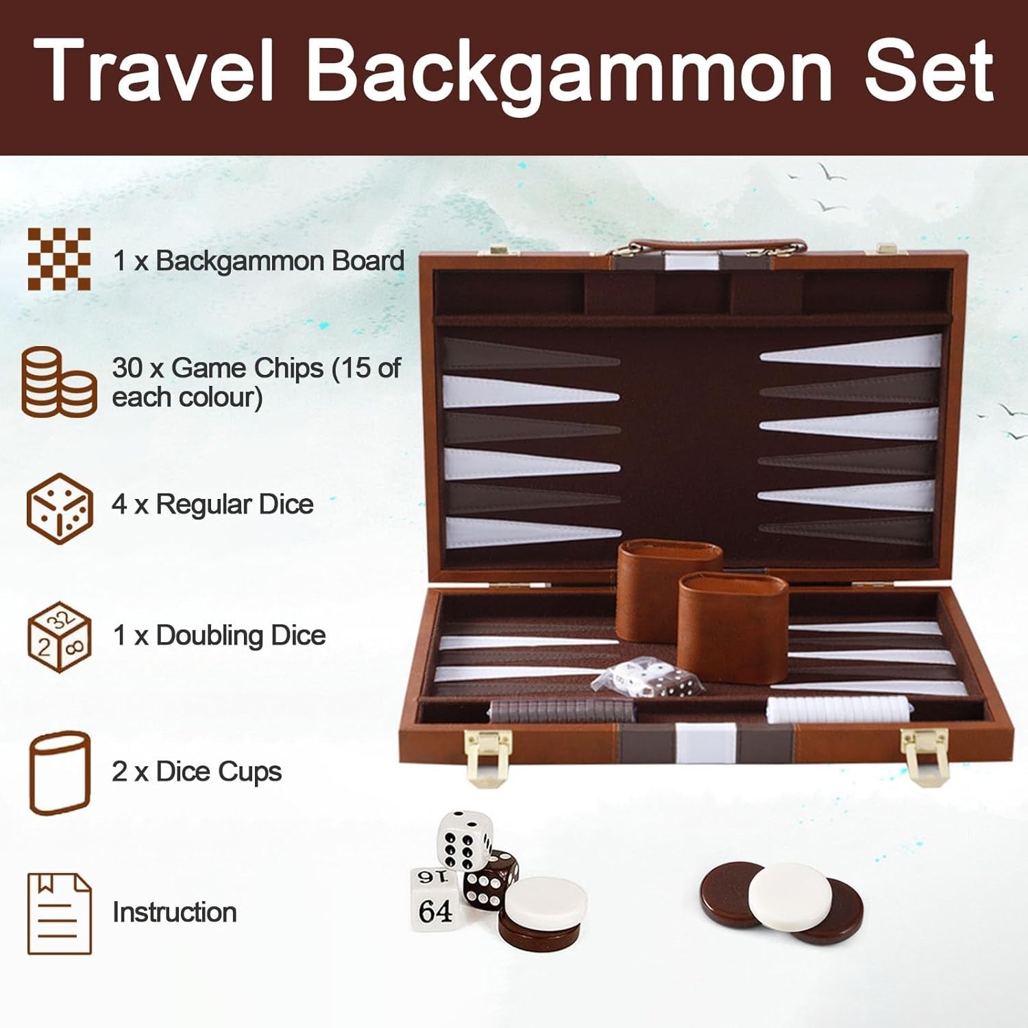 15 Inch Backgammon Set Leather Case Portable Travel Board Game Dice Cups
