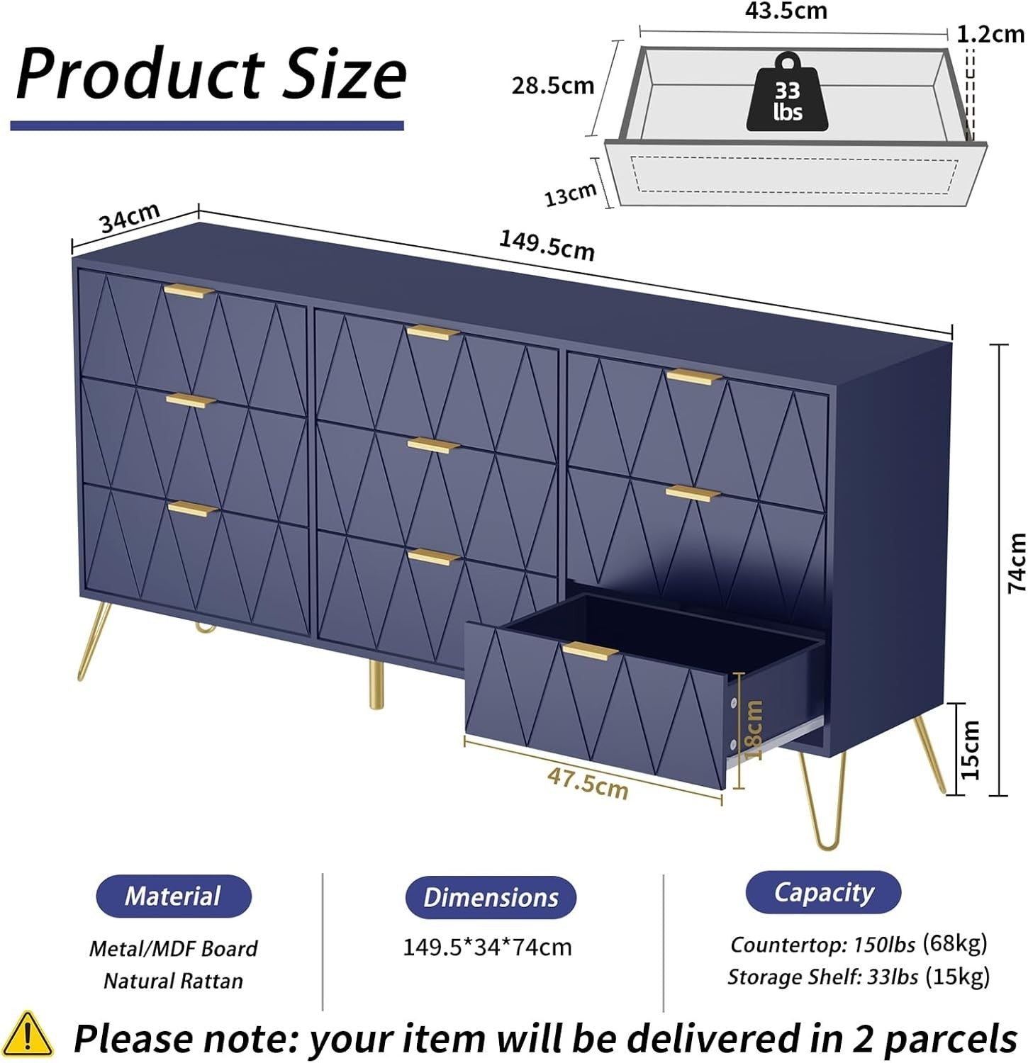 Navy Blue 9 Drawer Chest Wide Storage Cabinet Modern Dresser for Bedroom