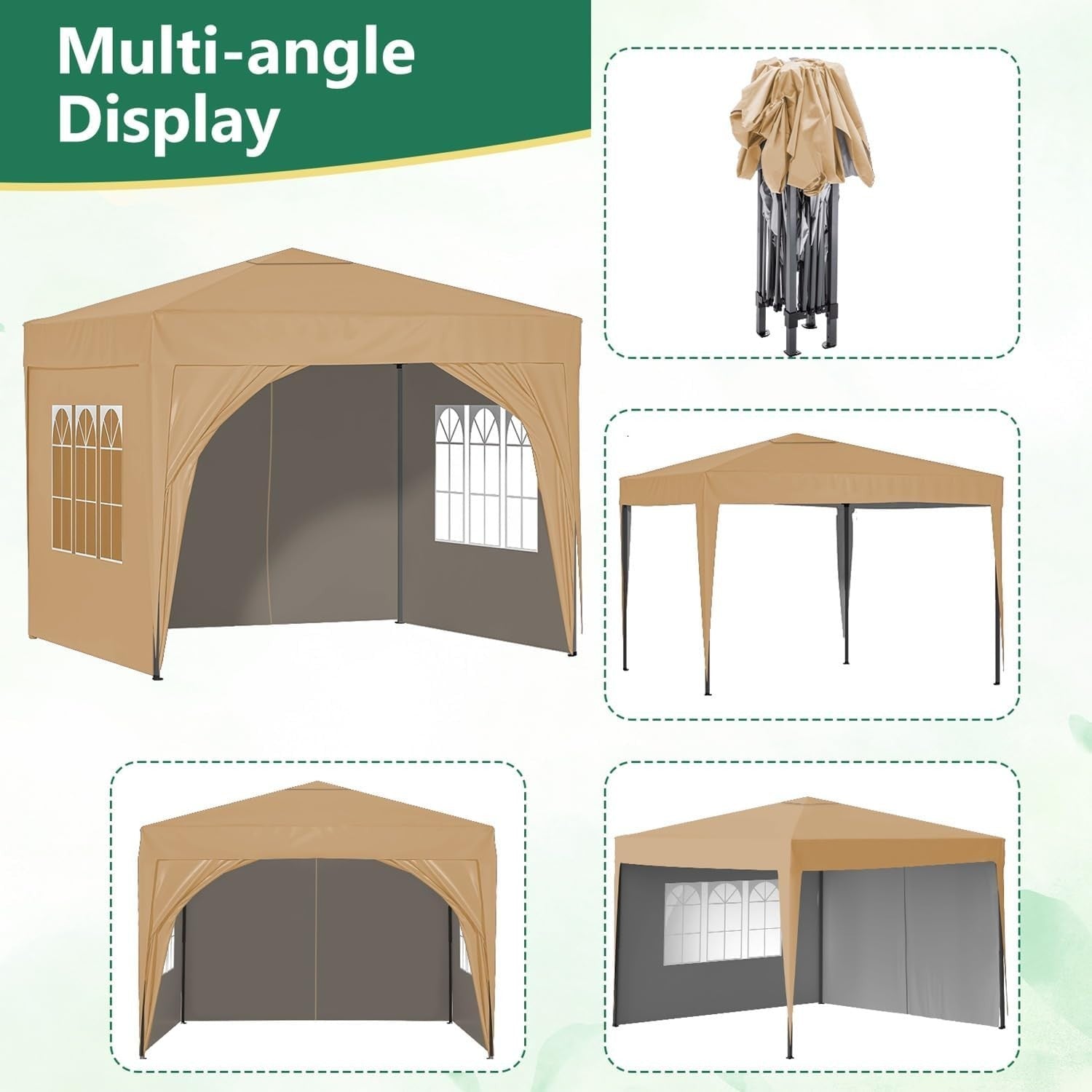 3x3M Beige Pop Up Gazebo With Sides Waterproof Garden Party Tent Steel Frame