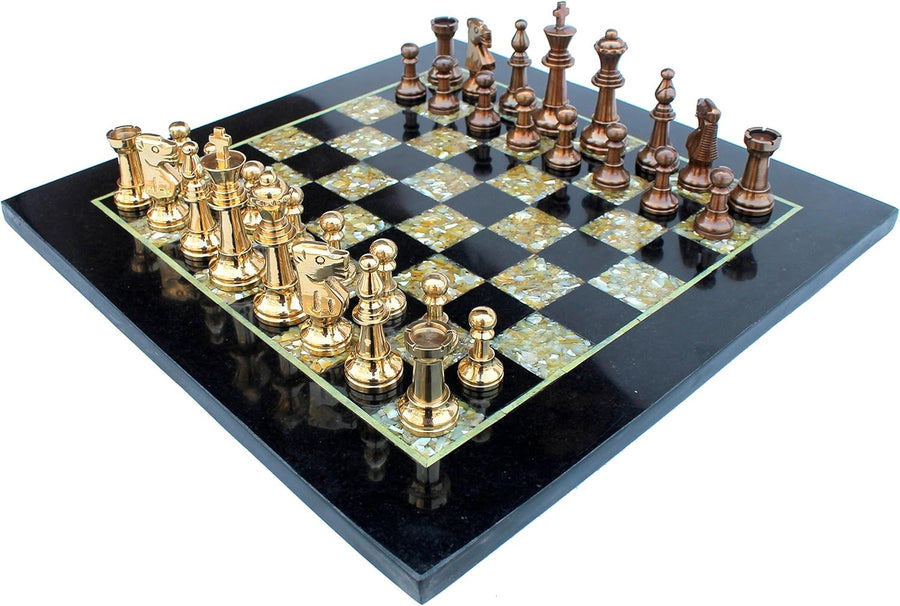 15" Black Marble Chess Set Mother of Pearl Board Brass Pieces Luxury Decor Gift
