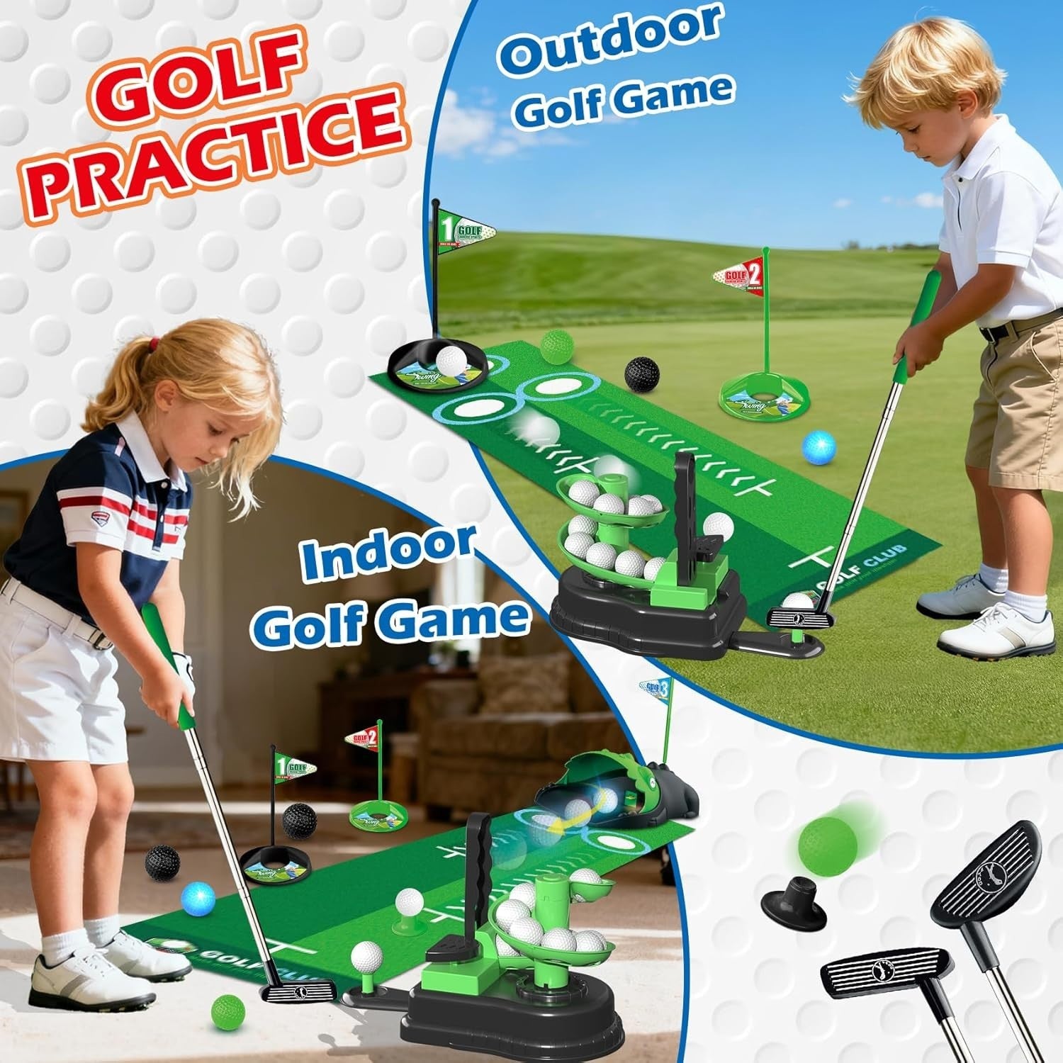 Kids Golf Toy Set 3in1 Indoor Outdoor Practice Game Auto Ball Return