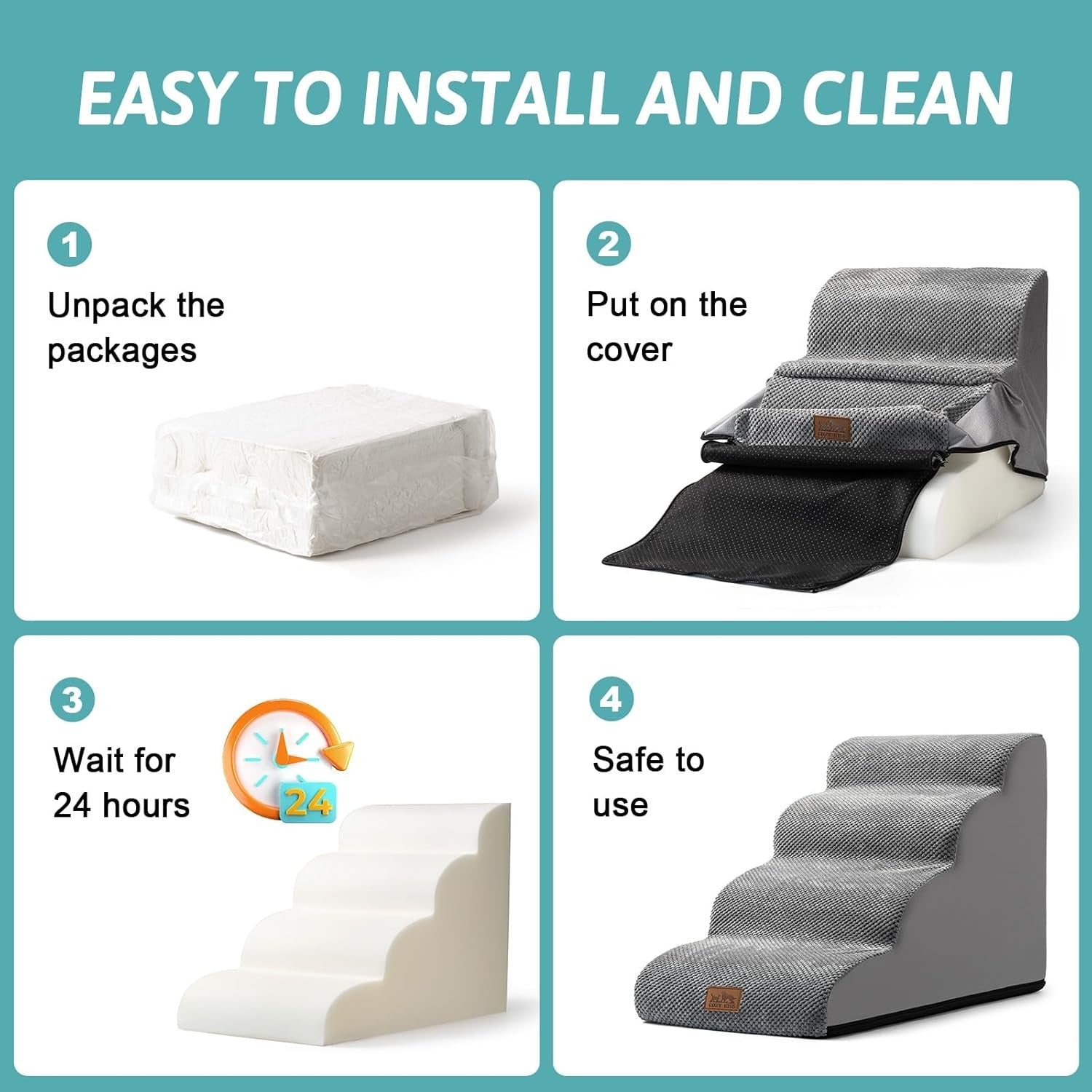 Dog Stairs for Small Dogs 5 Step Foam Pet Ramp Bed Sofa Grey