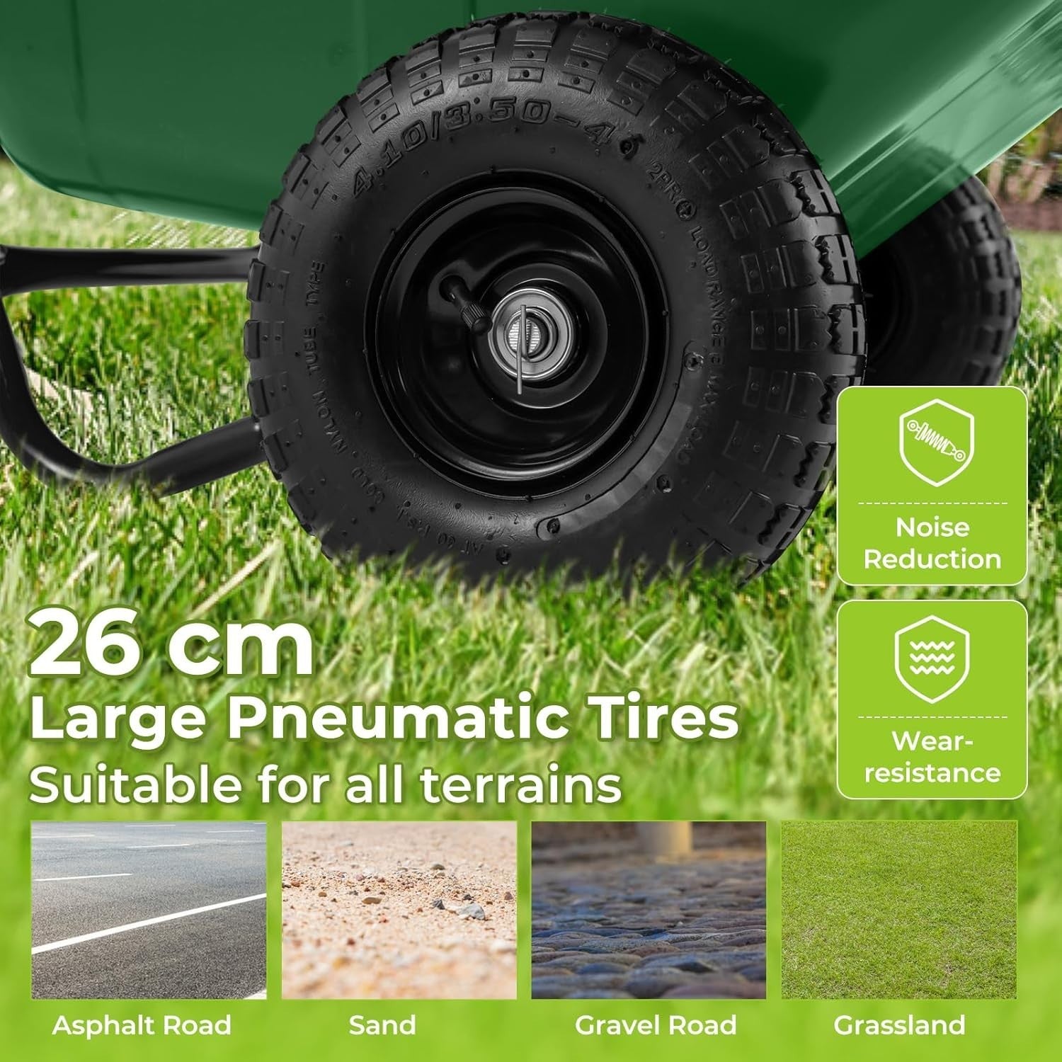 80L 2-Wheel Wheelbarrow Green+Black – Pneumatic Tyres w/ Adj Handle 100kg Cap