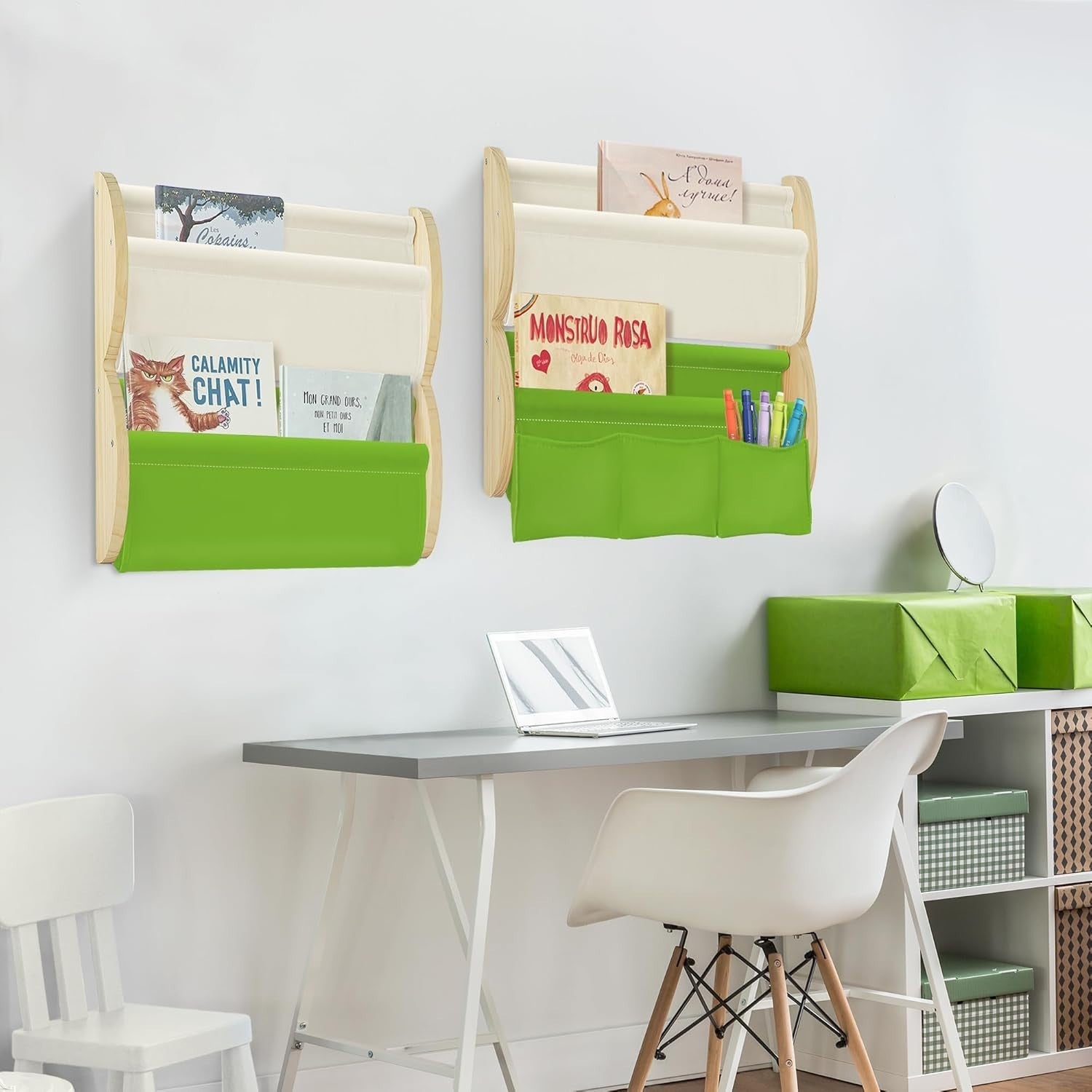 Montessori Kids Wall Bookshelf 4 Tier Storage Rack with Pockets – Green