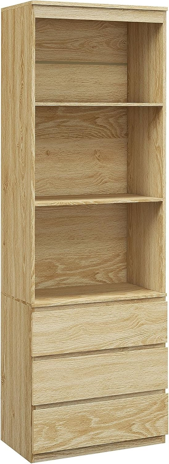 Tall Oak Bookcase with Drawers 180cm Slim Storage Shelf Modern Display Unit