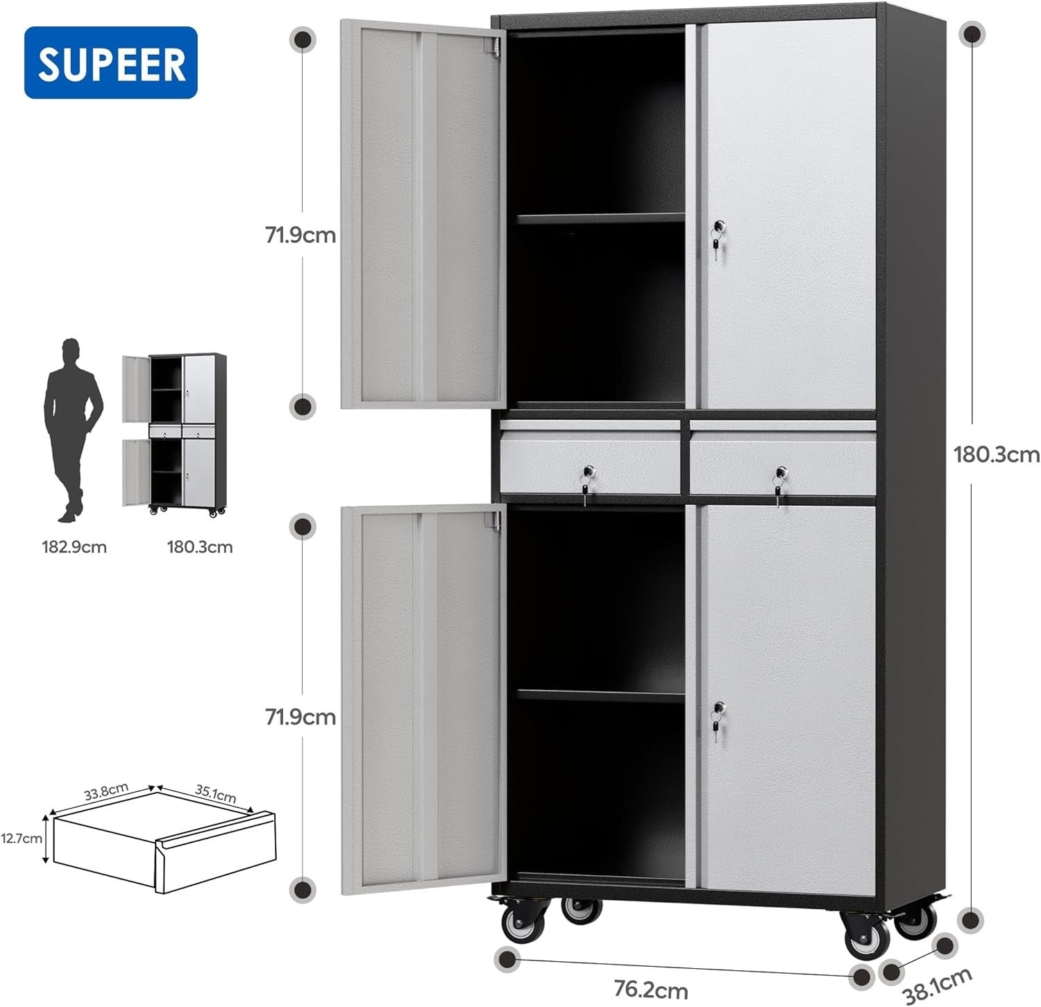 Lockable Metal Garage Cabinet with 2 Drawers, Adjustable Shelves & Wheels