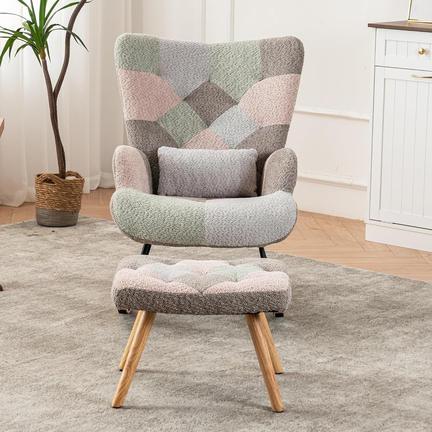 Rocking Chair w/ Footstool Pillow & Pocket – High Back, Solid Wood Legs