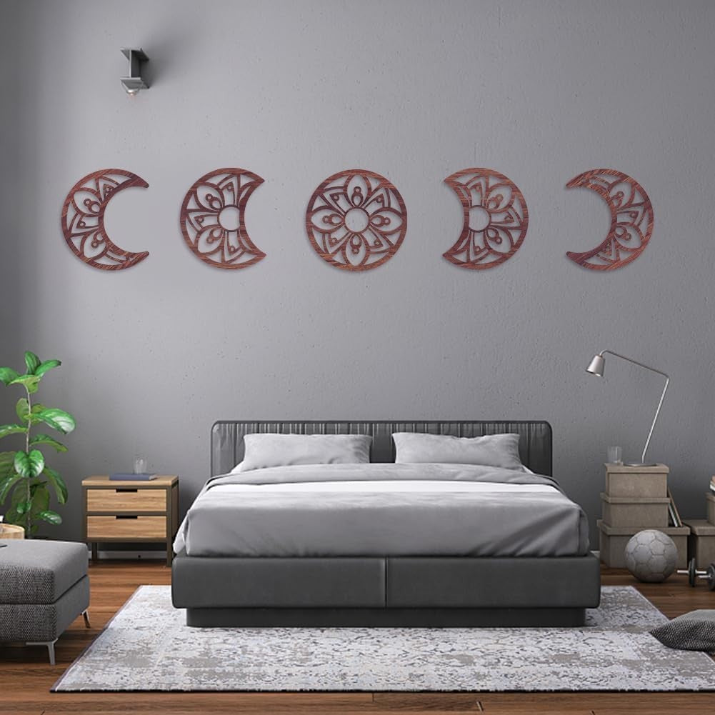 5pcs Moon Phase Wall Decor Boho Wood Flower Hanging Brownish Red