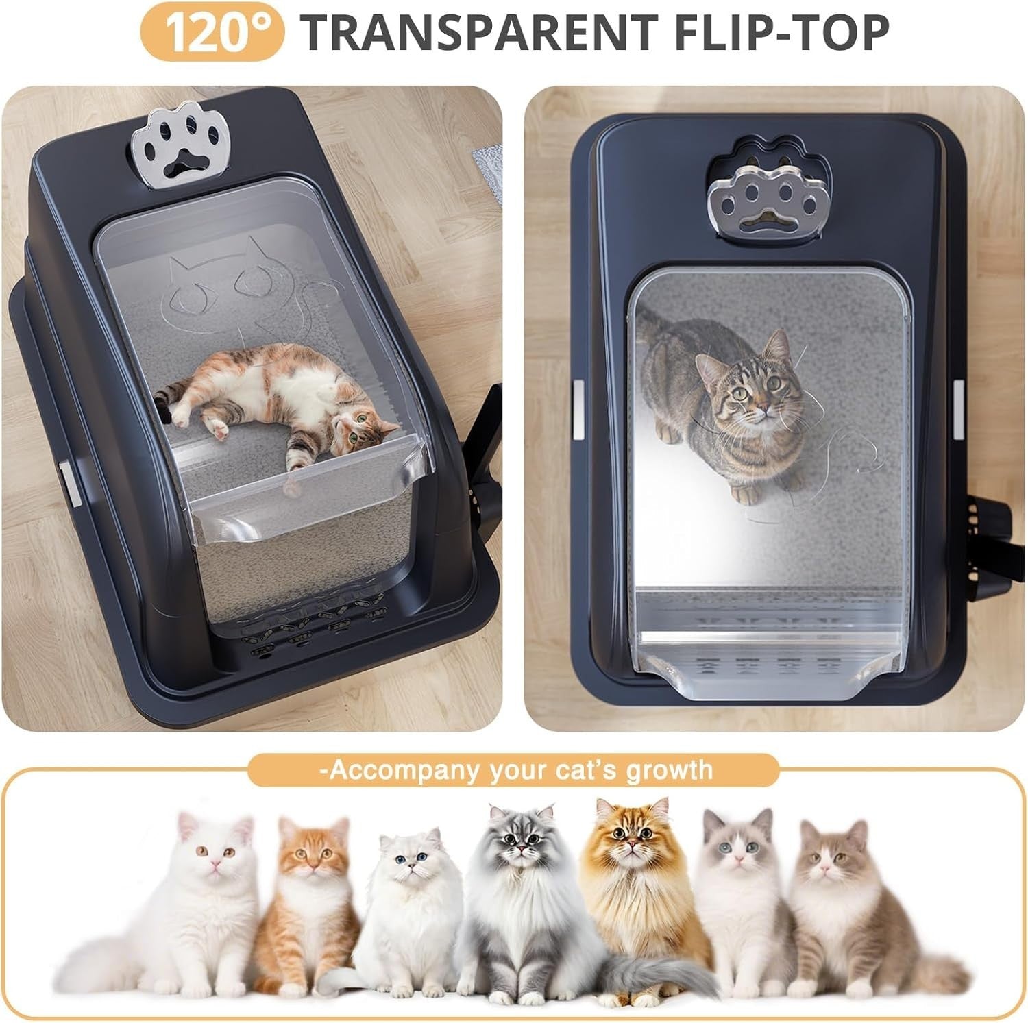 XL Stainless Steel Cat Litter Box Clear Lid High Sided Enclosed Tray