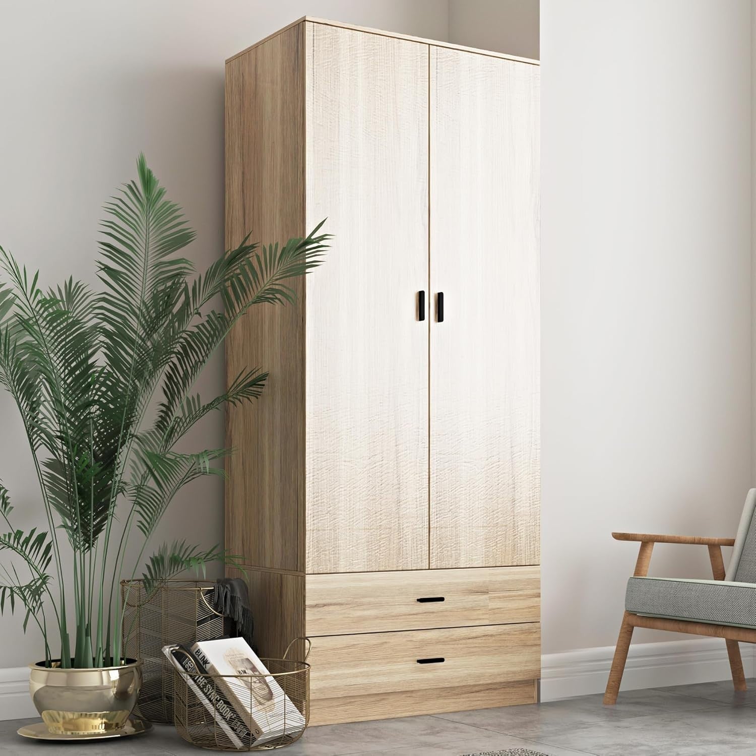 Modern Oak 2 Door Wardrobe with Drawers | Bedroom Storage & Hanging Rail