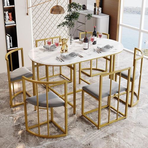 Modern 6-Seater Dining Table Set Grey Upholstered Chairs Gold Frame 140x80cm