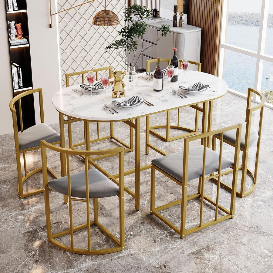Modern 6-Seater Dining Table Set Grey Upholstered Chairs Gold Frame 140x80cm