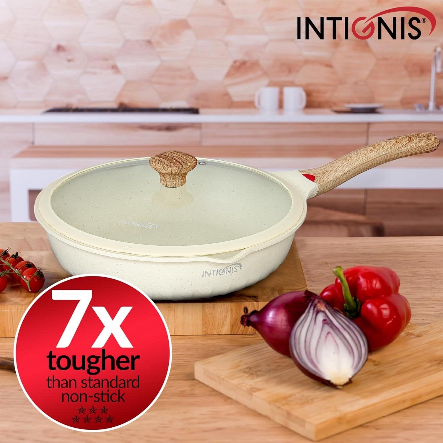 28cm White Deep Non Stick Frying Pan with Lid  3in1 Skillet Sauté Pan & Mini Wok