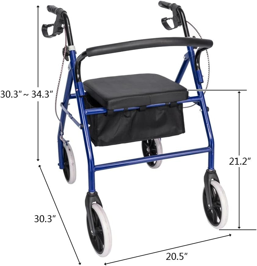 4 Wheel Rollator Lightweight Folding Mobility Aid Seat Brakes Bag
