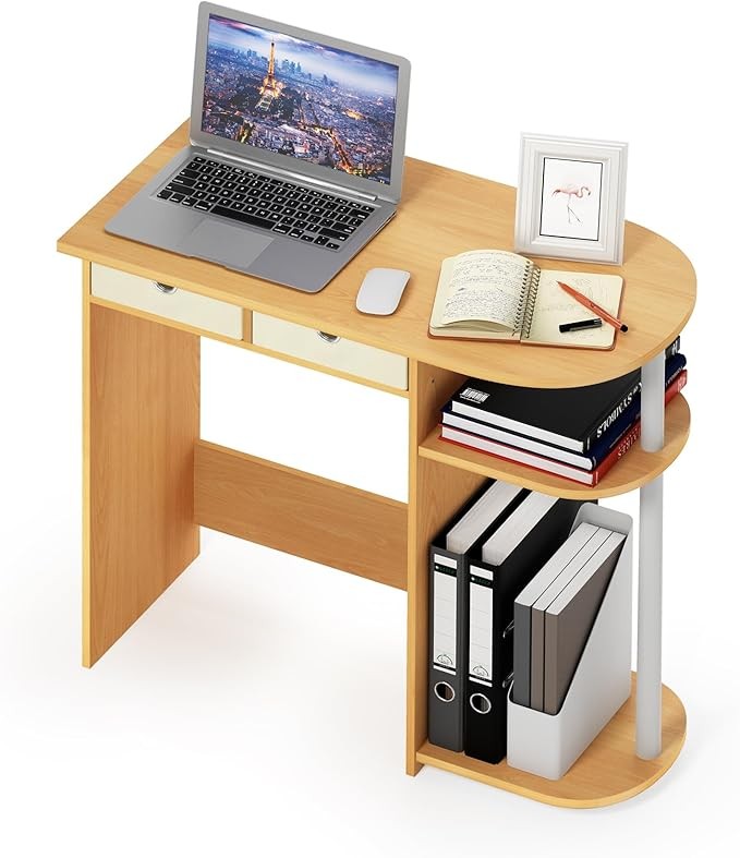 Compact Home Laptop Desk Study Writing Table Storage Shelves Beech White