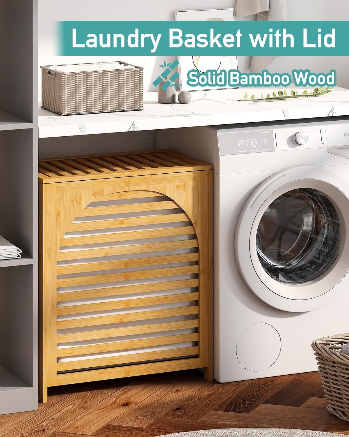 Natural Bamboo Laundry Hamper XL 103L with Lid & Removable Liner | Ventilated Ba
