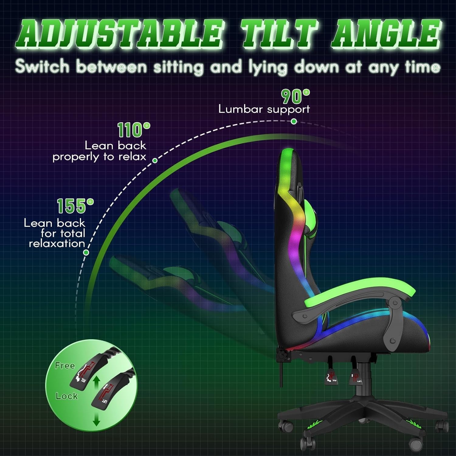 Ergonomic LED Gaming Chair with Footrest & Lumbar Support – Green High-Back