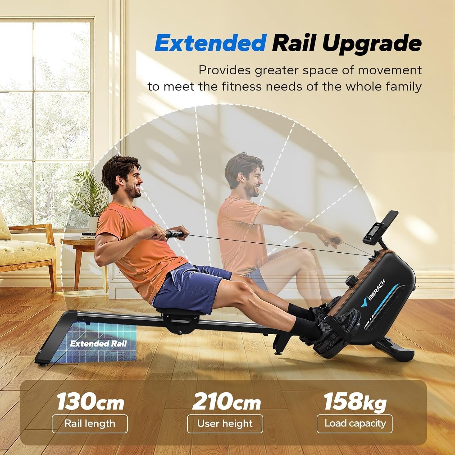 Foldable Magnetic Rowing Machine 40KG Resistance 130cm Rail App Smart Home Rower